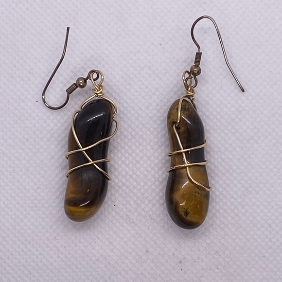 Tiger’s Eye Wire Wrapped Earrings Natural Stone Dangle Boho Gemstone - Picture 5 of 8